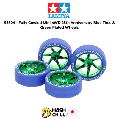 TAMIYA 95504 - Fully Cowled Mini 4WD 25th Anniversary Blue Tires & Green Plated Wheels