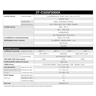 รุ่นใหม่! Easy Smart TV ทีวี 32 นิ้ว SHARP รุ่น 2T-C32GF2000X