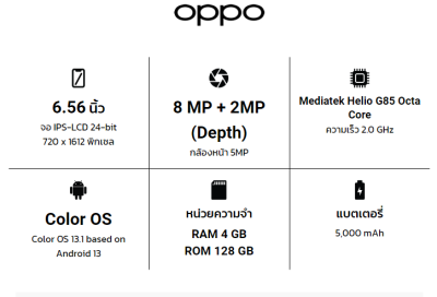 มือถือ OPPO A18 4G (4+128GB) + กล้องหลัง 2 ตัว + จอกว้าง 6.56"