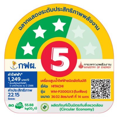 เครื่องปั๊มน้ำอัตโนมัติ Hitachi รุ่น WM-P200GX3CGO ขนาด 200 วัตต์