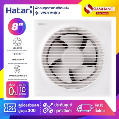 New! พัดลมดูดอากาศติดผนัง (มีหน้ากาก) Hatari รุ่น VW20M1(G) ขนาด 8 นิ้ว