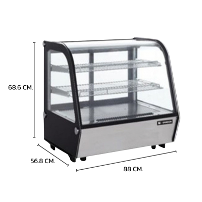 ตู้แช่เค้กวางเคาร์เตอร์กระจกโค้ง Sanden รุ่น SKC-0090R ขนาด 4.24Q มี 2 ชั้นวาง สีดำ