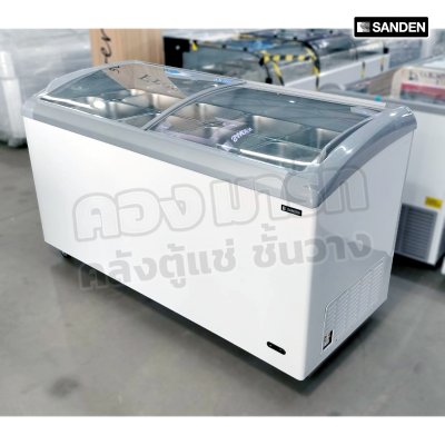 ตู้แช่แข็งกระจกฝาโค้ง ตู้แช่เนื้อ Sanden รุ่น SNC-0515 ขนาด 18.3Q + ถาดสแตนเลส ¼ =2 ถาด และ ขนาด ½ = 8 ถาด