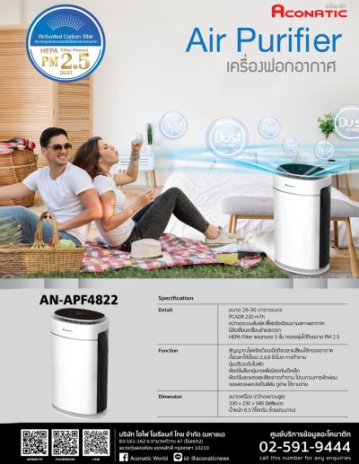 Aconatic เครื่องฟอกอากาศ Air Purifier รุ่น AN-APF4822 พร้อมกรอง HEPA 3 ชั้น (รับประกัน 1 ปี)