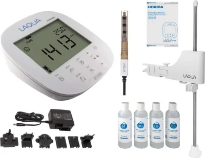 HORIBA™ เครื่องวัดค่าการนำไฟฟ้า, ค่าความต้านทานไฟฟ้า, ค่าของแข็งละลายในน้ำ, ค่าความเค็ม และอุณหภูมิ ของสารละลายแบบตั้งโต๊ะ รุ่น LAQUA EC1500-S