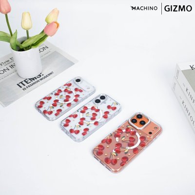 Machino Crystal Clear MagSafe Cherry Case for iPhone 17 เคสใสลายเชอร์รี่ติดคริสตัล