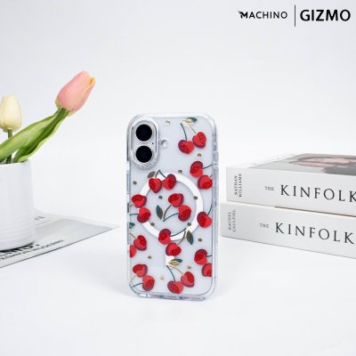 Machino Crystal Clear MagSafe Cherry Case for iPhone 17 เคสใสลายเชอร์รี่ติดคริสตัล