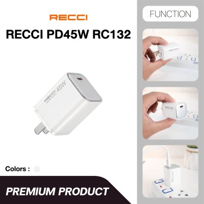Recci PD 45W GaN Fast Charger รุ่น RC132 หัวชาร์จเร็วเทคโนโลยี GaN ขนาดจิ๋ว จ่ายไฟแรง White