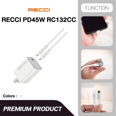 Recci PD 45W GaN Fast Charger Set รุ่น RC132CC ชุดหัวชาร์จเร็วพร้อมสาย Type-C to Type-C สีขาว