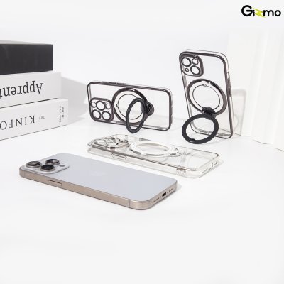 Gizmo Magsafe Ring Stand for IP15 ,15 pro ,15 pro max เคสชาร์จได้ มีขาตั้ง ขอบดำ/เงิน เคสนิ่มใส