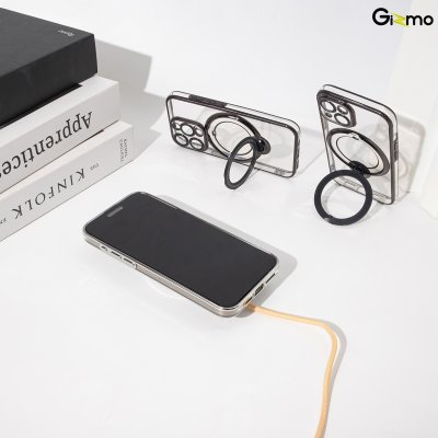 Gizmo Magsafe Ring Stand for IP15 ,15 pro ,15 pro max เคสชาร์จได้ มีขาตั้ง ขอบดำ/เงิน เคสนิ่มใส