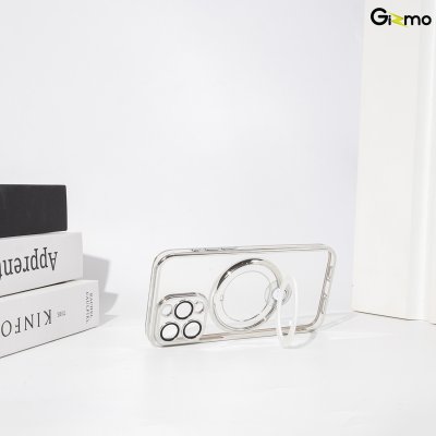 Gizmo Magsafe Ring Stand for IP15 ,15 pro ,15 pro max เคสชาร์จได้ มีขาตั้ง ขอบดำ/เงิน เคสนิ่มใส