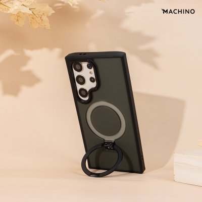 MACHINO Mag Stand รุ่น S24 Ultra เคสชาร์จได้ มีขาตั้งขอบดำ เนื้อสัมผัสแมท สีชา/ขาว กันกระแทก
