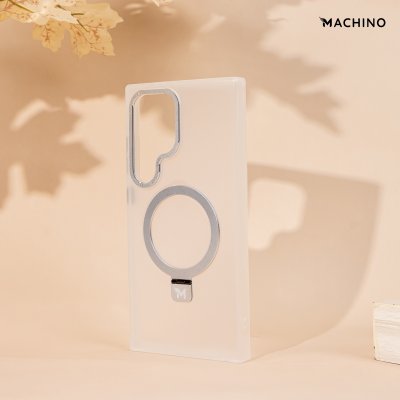 MACHINO Mag Stand รุ่น S24 Ultra เคสชาร์จได้ มีขาตั้งขอบดำ เนื้อสัมผัสแมท สีชา/ขาว กันกระแทก