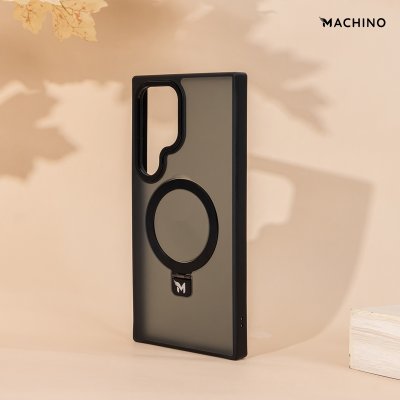 MACHINO Mag Stand รุ่น S24 Ultra เคสชาร์จได้ มีขาตั้งขอบดำ เนื้อสัมผัสแมท สีชา/ขาว กันกระแทก