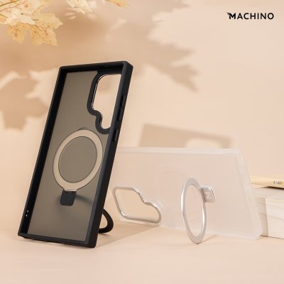 MACHINO Mag Stand รุ่น S24 Ultra เคสชาร์จได้ มีขาตั้งขอบดำ เนื้อสัมผัสแมท สีชา/ขาว กันกระแทก