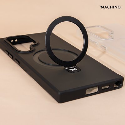 MACHINO Mag Stand รุ่น S24 Ultra เคสชาร์จได้ มีขาตั้งขอบดำ เนื้อสัมผัสแมท สีชา/ขาว กันกระแทก