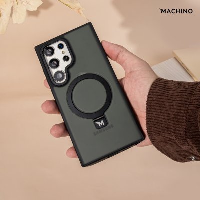 MACHINO Mag Stand รุ่น S24 Ultra เคสชาร์จได้ มีขาตั้งขอบดำ เนื้อสัมผัสแมท สีชา/ขาว กันกระแทก