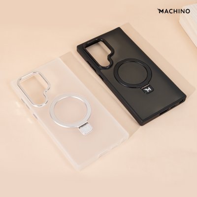 MACHINO Mag Stand รุ่น S24 Ultra เคสชาร์จได้ มีขาตั้งขอบดำ เนื้อสัมผัสแมท สีชา/ขาว กันกระแทก
