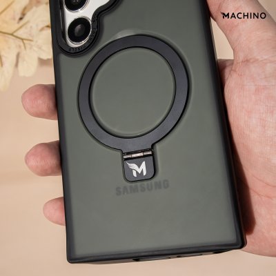 MACHINO Mag Stand รุ่น S24 Ultra เคสชาร์จได้ มีขาตั้งขอบดำ เนื้อสัมผัสแมท สีชา/ขาว กันกระแทก