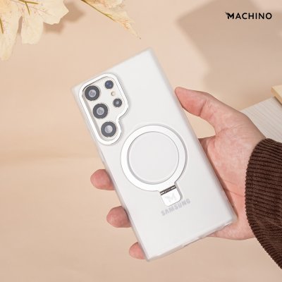 MACHINO Mag Stand รุ่น S24 Ultra เคสชาร์จได้ มีขาตั้งขอบดำ เนื้อสัมผัสแมท สีชา/ขาว กันกระแทก