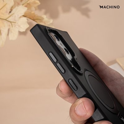 MACHINO Mag Stand รุ่น S24 Ultra เคสชาร์จได้ มีขาตั้งขอบดำ เนื้อสัมผัสแมท สีชา/ขาว กันกระแทก
