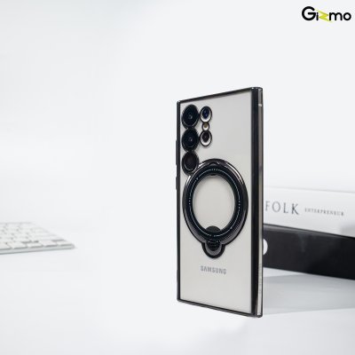 Gizmo Magsafe Ring Stand  รุ่น S23 Ultra,S24 Ultra เคสชาร์จได้ แม็กเซฟมีขาตั้ง ขอบดำ/เงิน เคสนิ่มใส