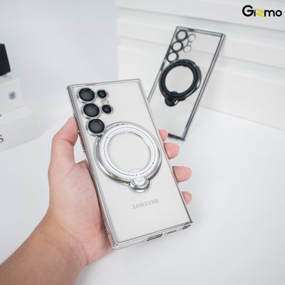 Gizmo Magsafe Ring Stand  รุ่น S23 Ultra,S24 Ultra เคสชาร์จได้ แม็กเซฟมีขาตั้ง ขอบดำ/เงิน เคสนิ่มใส