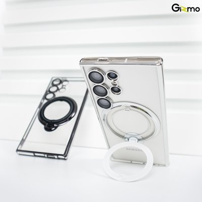 Gizmo Magsafe Ring Stand  รุ่น S23 Ultra,S24 Ultra เคสชาร์จได้ แม็กเซฟมีขาตั้ง ขอบดำ/เงิน เคสนิ่มใส