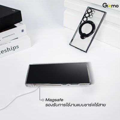 Gizmo Magsafe Ring Stand  รุ่น S23 Ultra,S24 Ultra เคสชาร์จได้ แม็กเซฟมีขาตั้ง ขอบดำ/เงิน เคสนิ่มใส