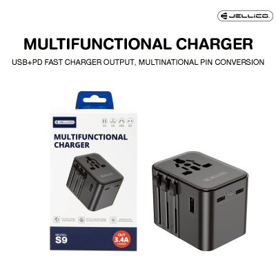 JELLICO หัวแปลงปลั๊กไฟ universal travel adapter S9 PD 2xUSB-C + 1xUSB 3.4A Max 2500W Black