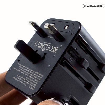 JELLICO หัวแปลงปลั๊กไฟ universal travel adapter S9 PD 2xUSB-C + 1xUSB 3.4A Max 2500W Black