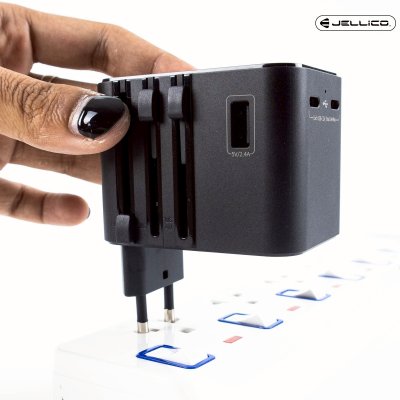 JELLICO หัวแปลงปลั๊กไฟ universal travel adapter S9 PD 2xUSB-C + 1xUSB 3.4A Max 2500W Black