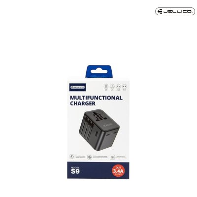 JELLICO หัวแปลงปลั๊กไฟ universal travel adapter S9 PD 2xUSB-C + 1xUSB 3.4A Max 2500W Black