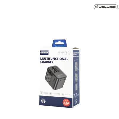 JELLICO หัวแปลงปลั๊กไฟ universal travel adapter S9 PD 2xUSB-C + 1xUSB 3.4A Max 2500W Black