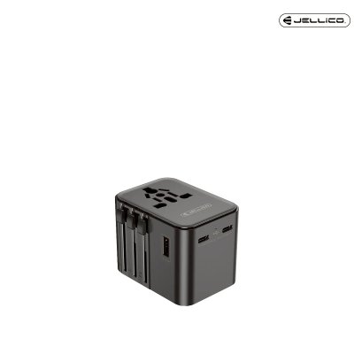 JELLICO หัวแปลงปลั๊กไฟ universal travel adapter S9 PD 2xUSB-C + 1xUSB 3.4A Max 2500W Black