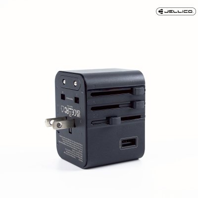 JELLICO หัวแปลงปลั๊กไฟ universal travel adapter S9 PD 2xUSB-C + 1xUSB 3.4A Max 2500W Black