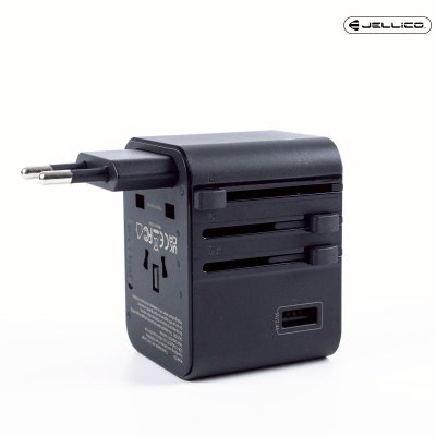 JELLICO หัวแปลงปลั๊กไฟ universal travel adapter S9 PD 2xUSB-C + 1xUSB 3.4A Max 2500W Black