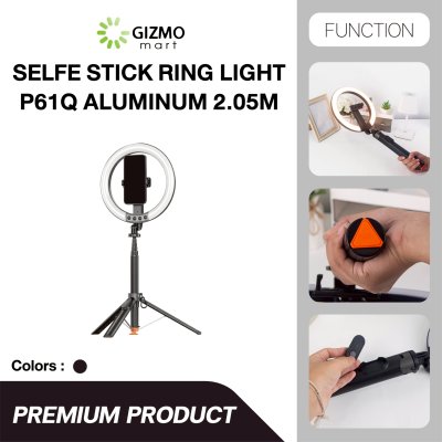 P61Q Aluminum Ring Light Selfie Stick 2.05M Black ไม้เซลฟี่ไฟวงแหวน ขาตั้งกล้องไลฟ์สดอัจฉริยะ