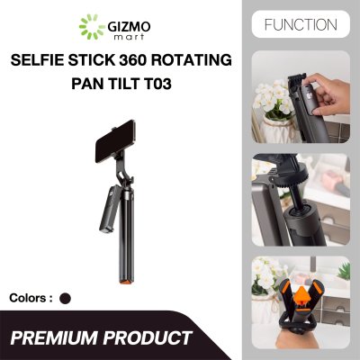T03 Selfie Stick Auto Pop Open 360 Rotating Pan Tilt Black ไม้เซลฟี่ขาตั้งกล้องบลูทูธ ยืดสูงสุด 1.96 เมตร