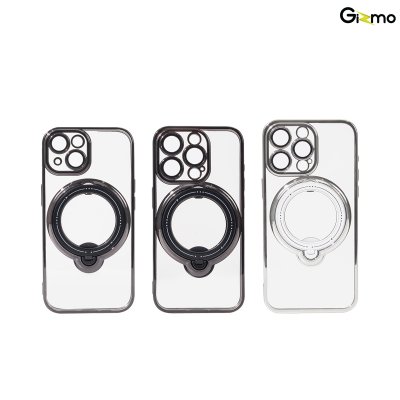 Gizmo Magsafe Ring Stand for IP15 ,15 pro ,15 pro max เคสชาร์จได้ มีขาตั้ง ขอบดำ/เงิน เคสนิ่มใส