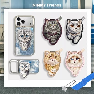 Nimmy Friend Magnetic Stand Denim Fashion ขาตั้งติดหลังโทรศัพท์ยีนส์ปักลายแมว 3D พร้อมกระจกในตัว
