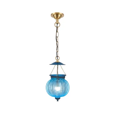 Brass ceiling lamp - Blue pumpkin glass (9 inches)