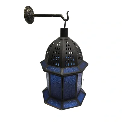 โคมไฟโมร็อกโกทองเหลืองแท้ กระจกสีน้ำเงิน MRL45J