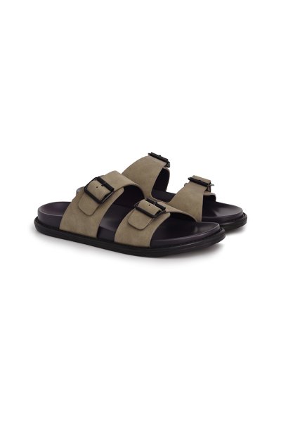 รองเท้าแตะแบบสวม Double Buckle Sandals - Beige