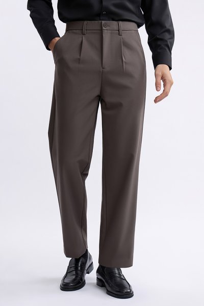 Pleated Elastic-Waist Pants - Brown