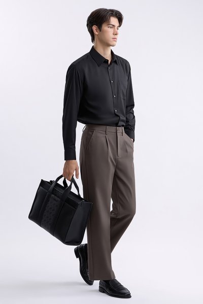 Pleated Elastic-Waist Pants - Brown