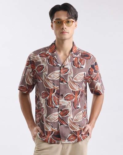 เสื้อเชิ้ตแขนสั้น Brown Blossom Print Hawaii Shirt