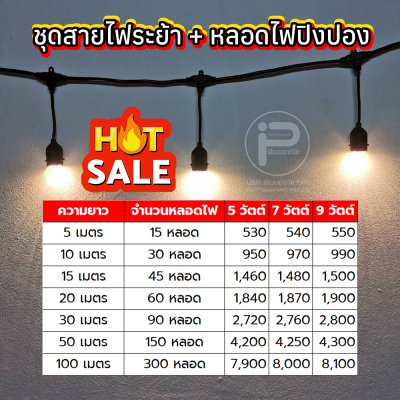 สายไฟระย้า ขั้วห้อยระย้า 100 เมตร พร้อมหลอดไฟปิงปอง 300 หลอด ขนาด 7 วัตต์