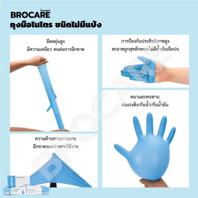 ถุงมือไนไตร สีฟ้า ผลิตจากน้ำยางสังเคราะห์ ชนิดไม่มีแป้ง